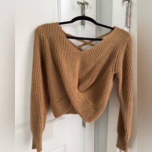 Zaful Camel Twist-Front V-Neck Sweater